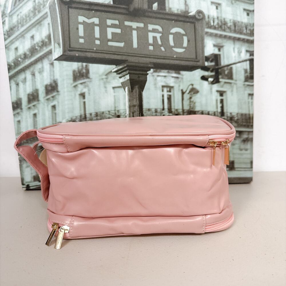 Pink 3‑Layer PU Leather Travel Cosmetic Bag, Toiletry Organizer with Handle